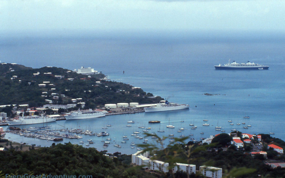 Cruise ships at the Port of St. Thomas,US Virgin Islands, circa 1981