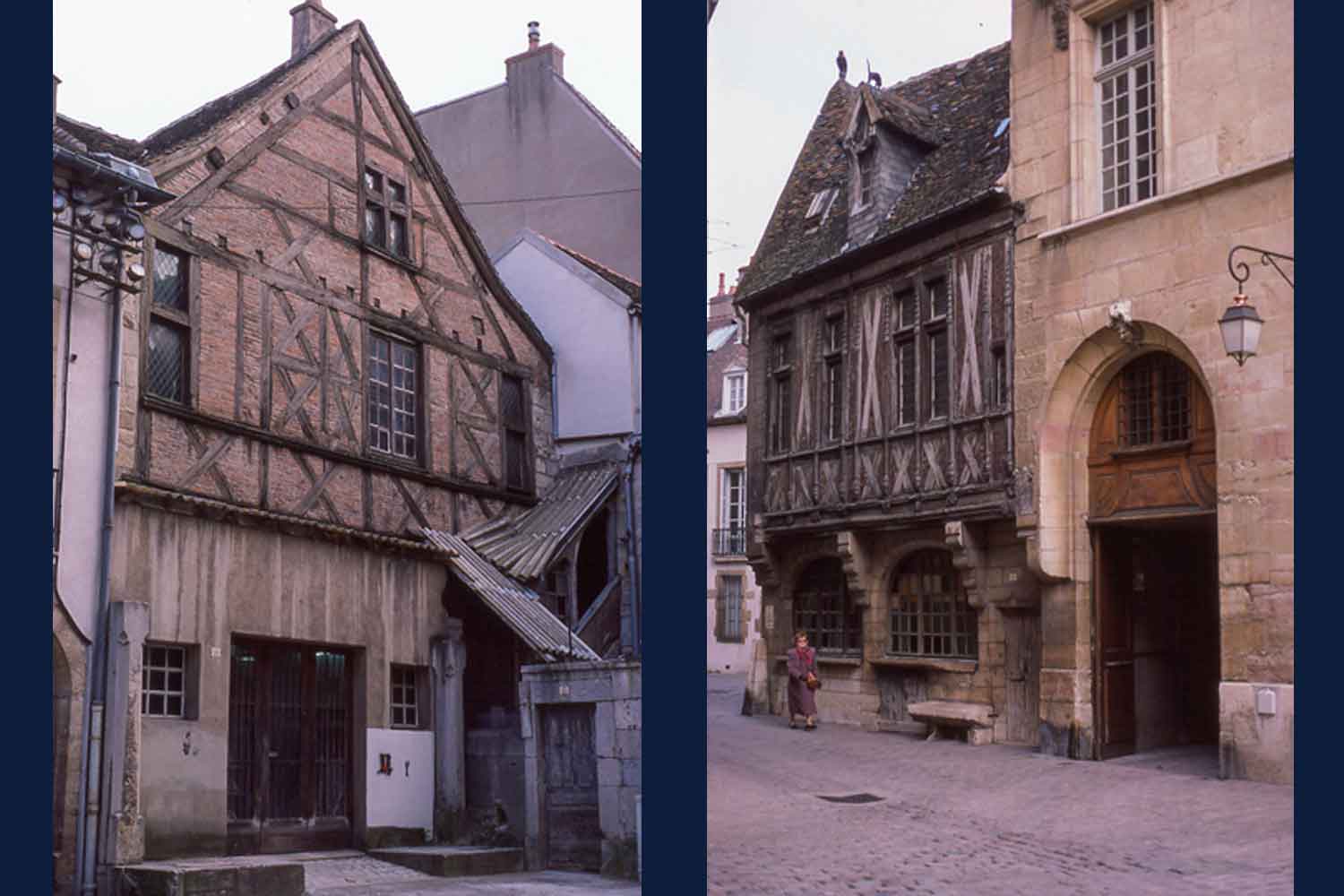 photos of two old houses with exposed timber on the top half of the houses.