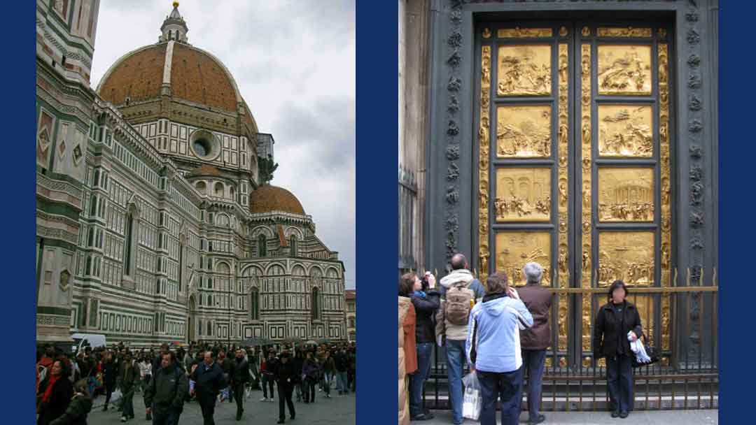 Two photos side by side, one is of a large green, white and pink marbled building with a large orange tiled dome. The other is of a large door with 10 relief panels covered in gold gilt.