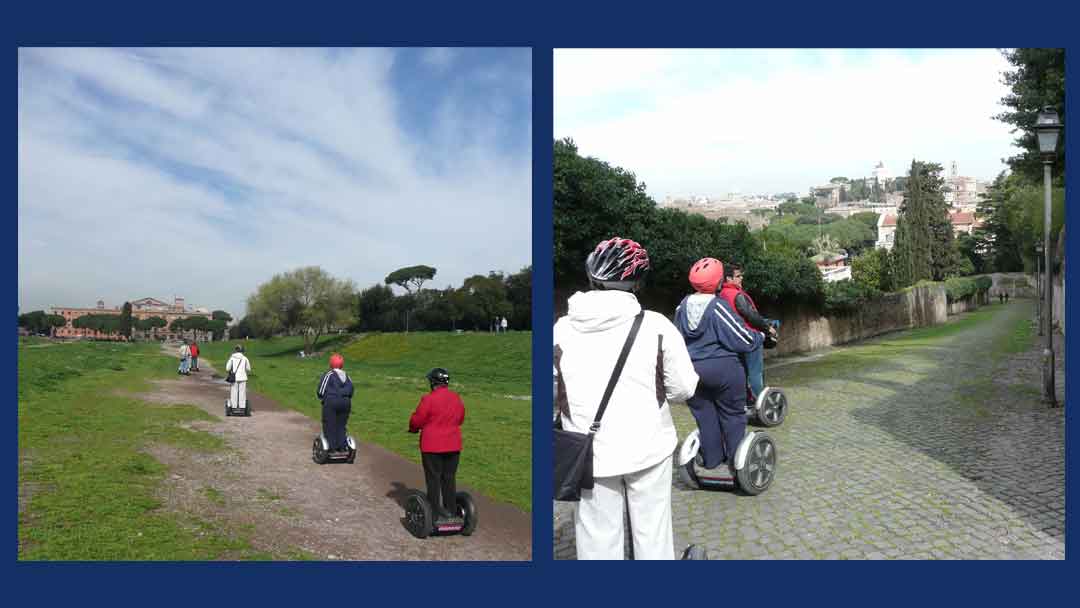 Two photos of people riding on Segways, gyroscopic two wheeled vehicles on which the individual stands and glides. One is of 5 people gliding on a dirt path of a green field. The second is of 5 people gliding on a cobblestone hill that heads steeply downward.