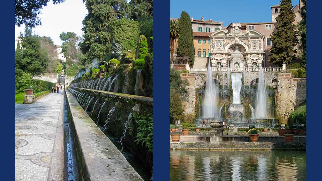 Two photos side by side. One of a long ornate trough with 50 or more small jets of water shooting out and down with well manicured trees and bushes in the surrounding garden. Tiled walkway next to the fountain. The other photo is of a very large ornate fountain. Two large jets of water spraying upward on either side of a waterfall cascading downward. Large trees and manicured bushes surround the fountain. Large off white marble house in the back ground.