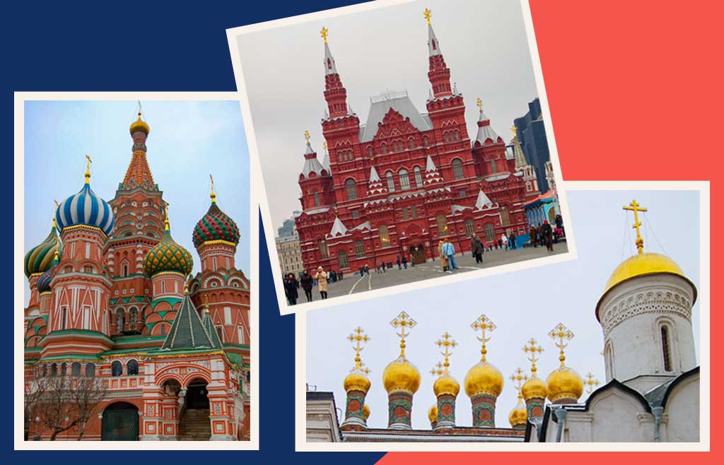 collage of three photos, St Basil's Cathedral with brightly colored domes on top, Museum at Red Square, and the gold Orhtodox crosses on top of a church in the Kremlin