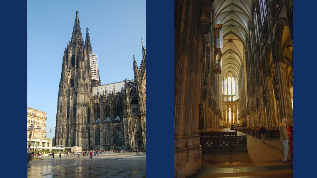 two photos side by side of the Koln Cathedral. Exterior shows how tall the cathedral is. The interior shows a long tall walkway through the nave of the church.