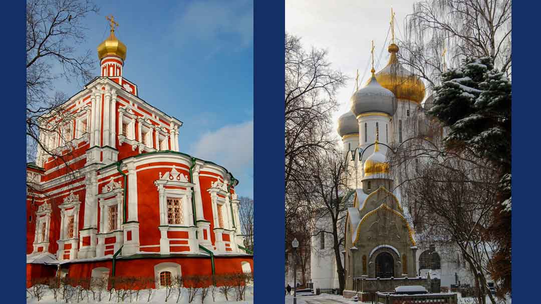 Two pictures of two very different styled churches. One is red brick with ornate white trim. It is multiple stories in height and topped with a spire with a gold dome and an orthodox cross. The other is white with round spires topped with silver and gold domes and orthodox crosses