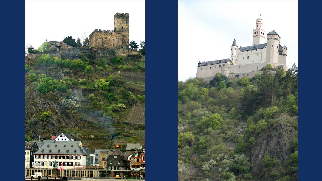 two photos of castles up on hill tops. showing example so f castles along the Rhine River
