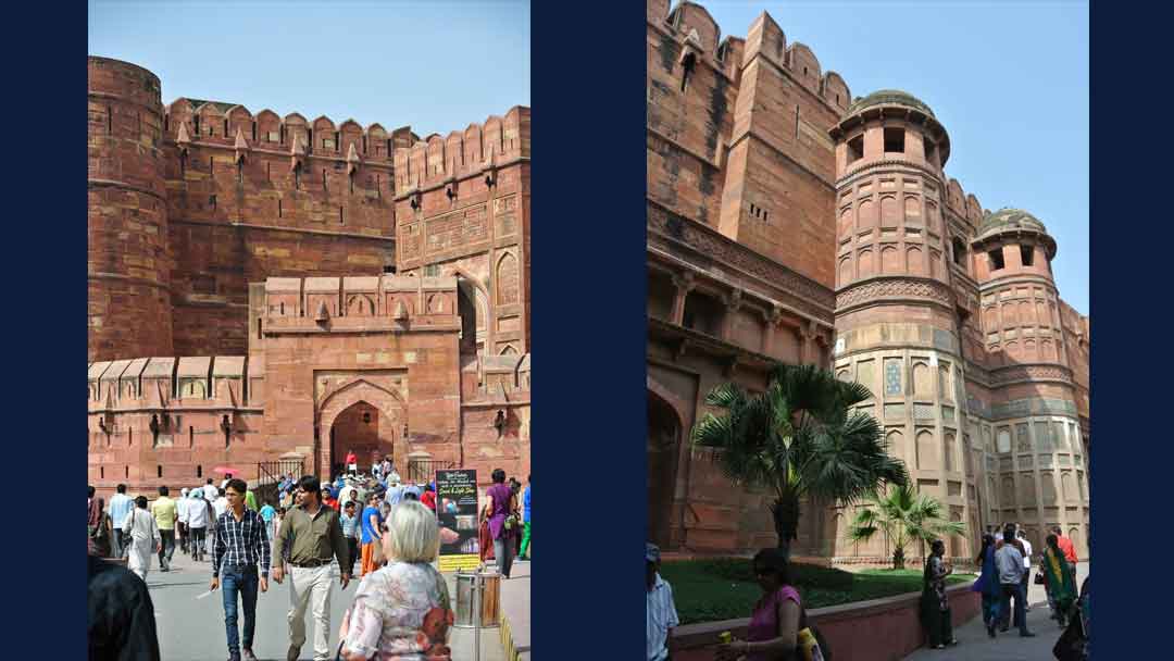 Two photos of the exterior of the red sandstone Agra Fort