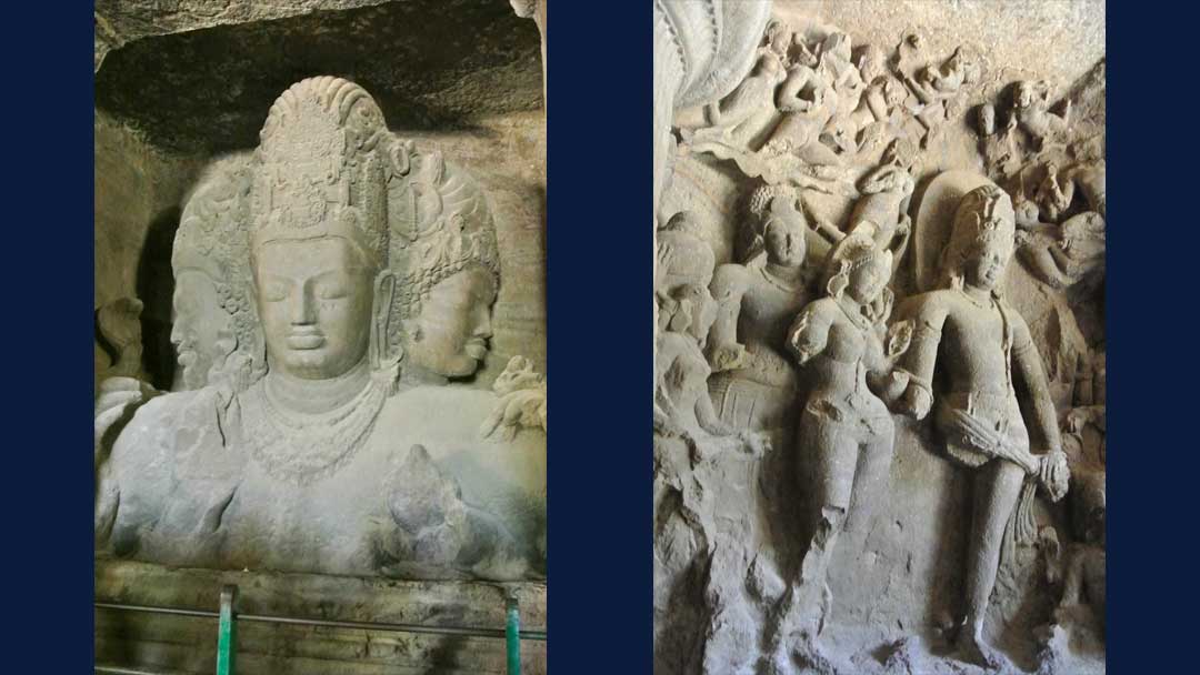 Carvings on the walls of the cave temples at Elephanta Island
