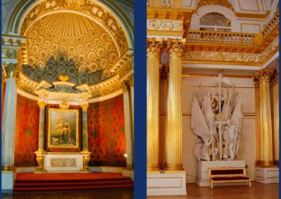Two photos. One of a portrait of two people in an alcove. Red cloth on walls of alcove. Arched ceiling is white covered with elaborate gold decoration. The second photo is a white marble statue of two soldiers with flags and a staff topped with a double headed eagle. The alcove has 4 gold pillars on each side. The wall behind is white with gold leaf decoration.