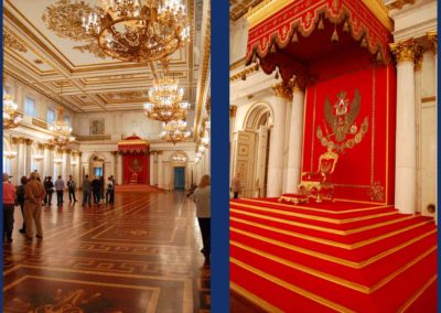 Large room with white marble pillars topped with gold leaves, room is all white finished with elaborate gold leaf trim. Ceiling is coffered with elaborate gold leaf trim. Floor is wood with elaborate inlay pattern. At end of room is a red canopy with gold trim under which sits a red chair with gold trim. Second photo is a close up of the throne.