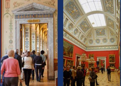 two pictures. One shows door way with multiple intricately decorated pillars through the door. The second is a room with red walls and paintings hung on walls. Skylight in ceiling illuminates the room. Ceiling is elaborately decorated with white and light blue paint, white reliefs and gold trim