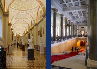 two more photos. One is a long narrow room with multiple marble statues, some busts, some full figures. Floor is mosaic. Ceiling is multiple arches with painted designs. Second is a hall with a simple white marble staircase. Ceiling is multiple painted panels.