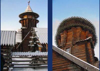 two views of a short tower of a building. Circular tower is made of logs demonstrating the traditional architecture of St Petersburg Russia.