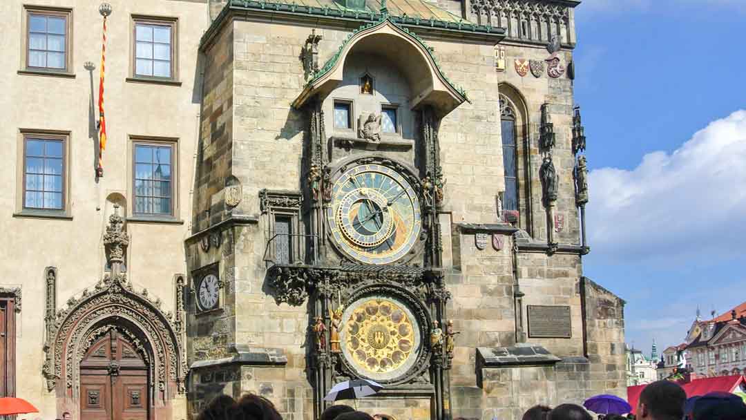 Astronomical clock in Prague, two large dials on a block tower