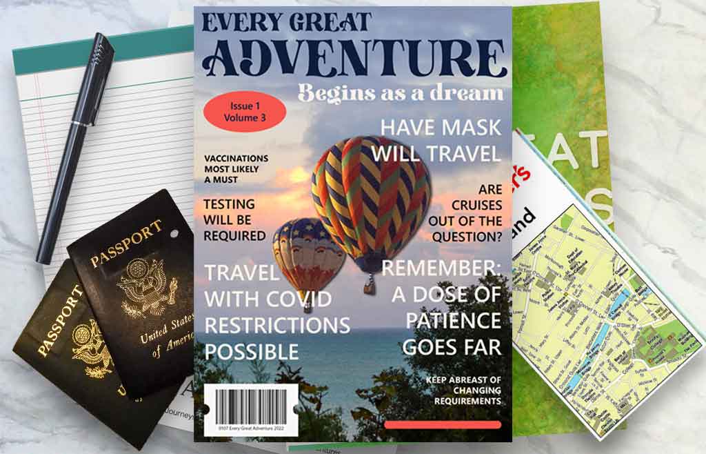 Blog post cover for Traveling with COVID Restrictions, Magazines, passports, Pen and Paper on tabletop