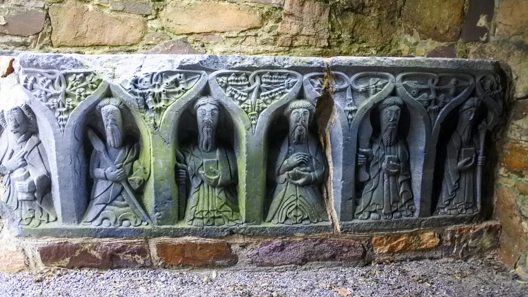 photo of six Cistercian monks carved into an alter in at Jerpoint Abbey