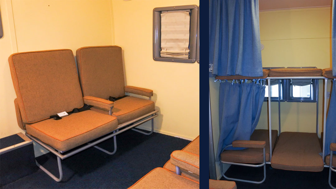 Two photos side by side, one showing seats with large square tan cushions on open metal rods, the other showing the same chairs modified to become bunk beds.