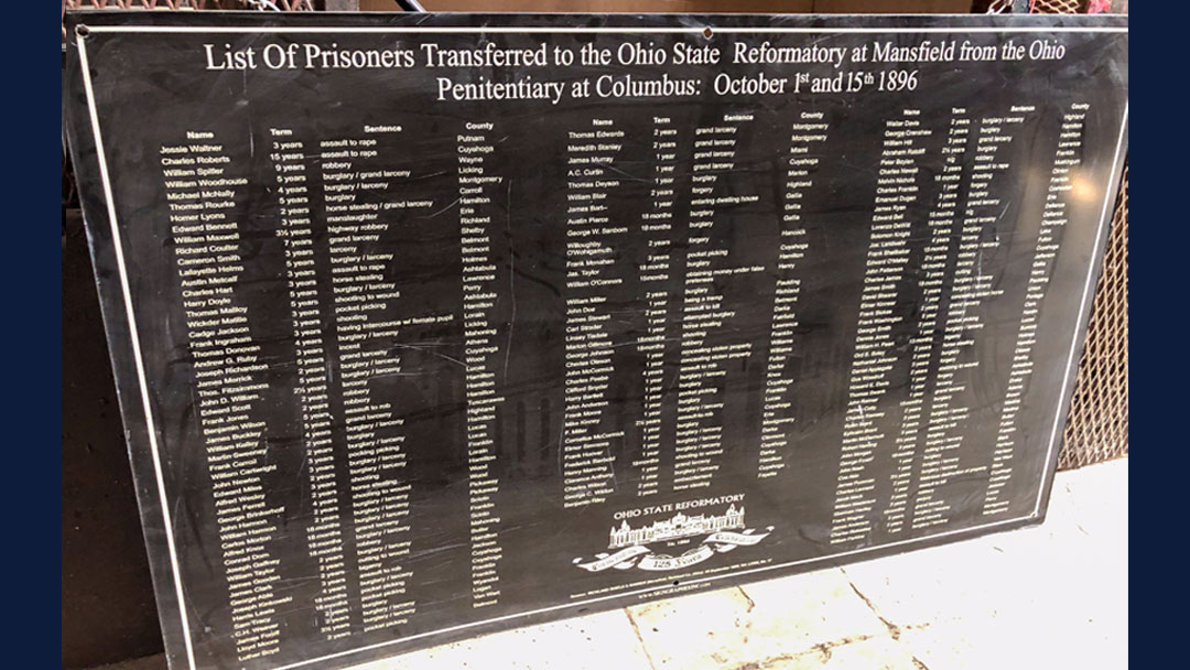 large plaque showing list of prisoners moved from the Ohio State Penitentary to the Ohio State Reformatory in 1896