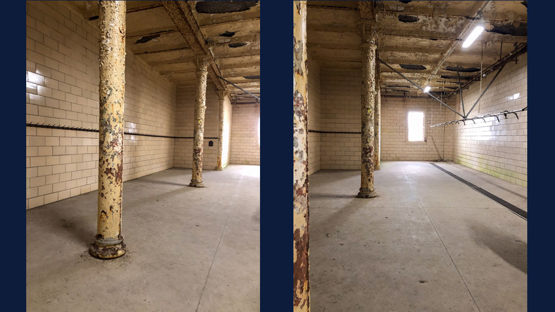 side by side photos showing the large open shower housed within the Ohio State Reformatory, used in shooting a scene of the Shawshank Redemption