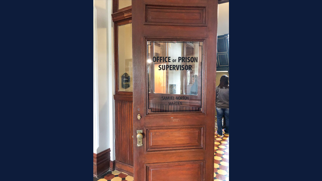The Shawshank Redemption movie set showing the door to the warden's office