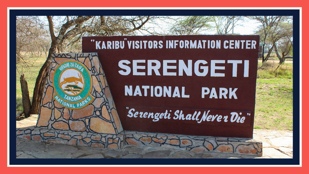 Entrance sign to Serengeti National Park in Tanzania, a common safari location.